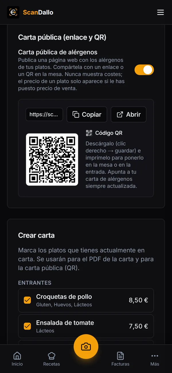 Tarjeta Carta pública con el enlace, los botones Copiar y Abrir y el código QR.