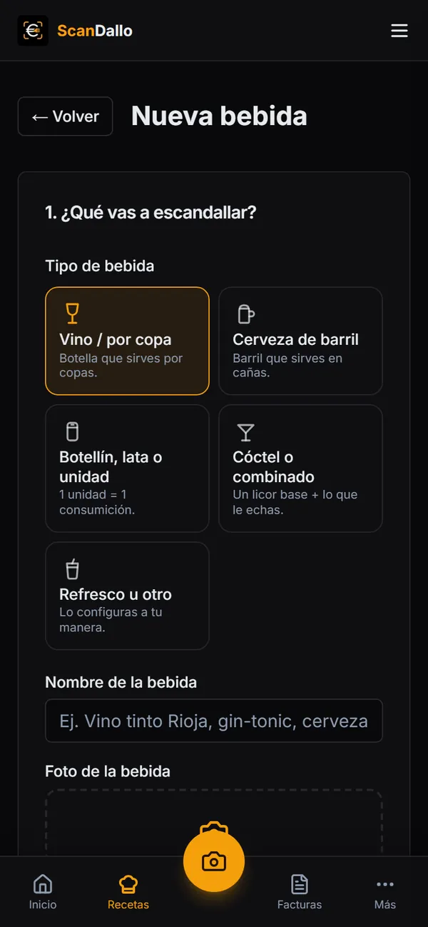 Editor de bebida con los cinco tipos de bebida.