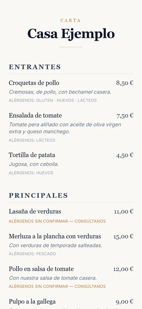 Carta pública en el móvil del cliente con platos, precios y alérgenos.