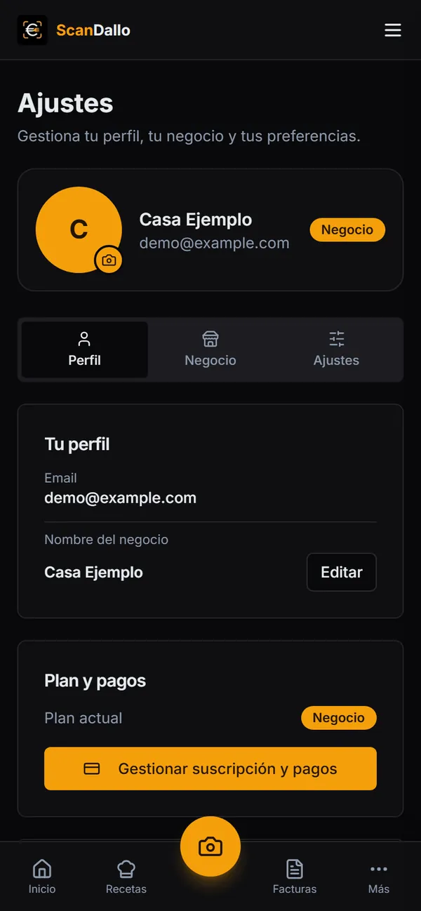 Ajustes, pestaña Perfil, con el nombre del negocio y el plan.