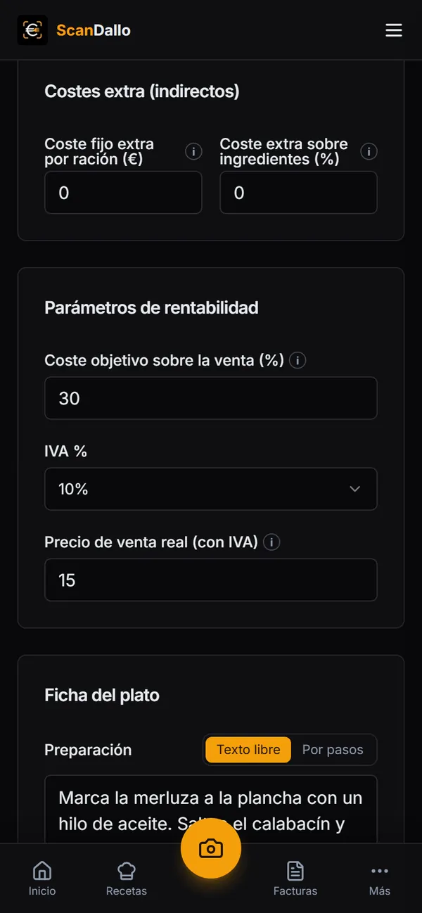 Costes extra y parámetros de rentabilidad del escandallo en el móvil.