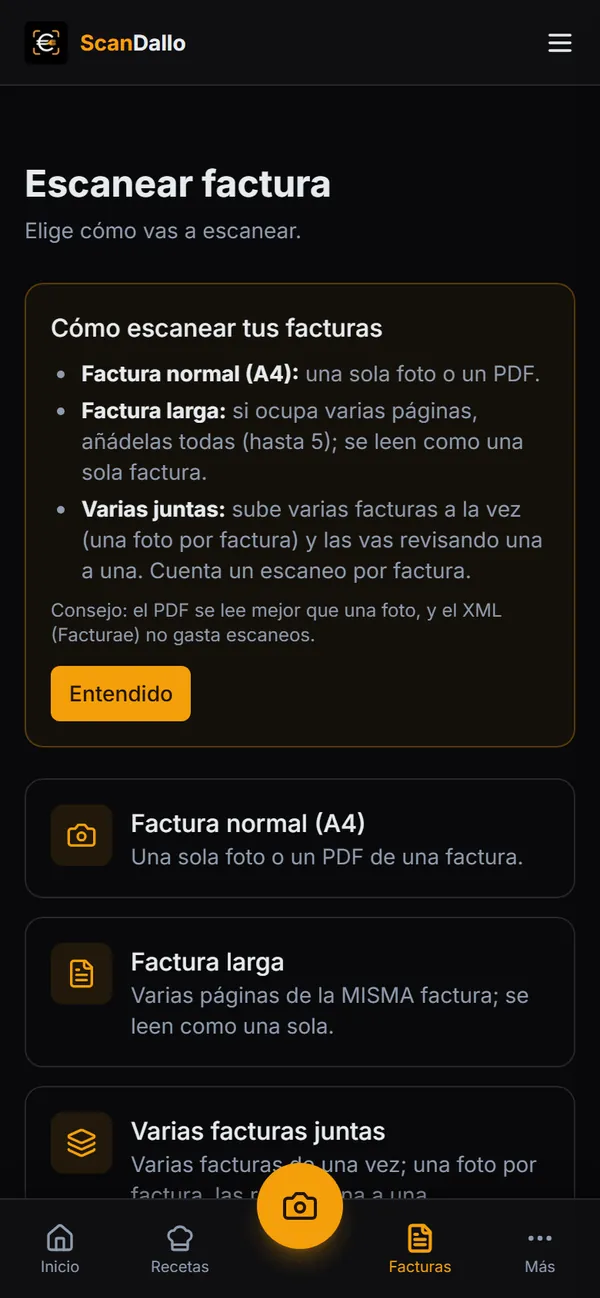 Pantalla Escanear factura con la explicación y los tres modos.