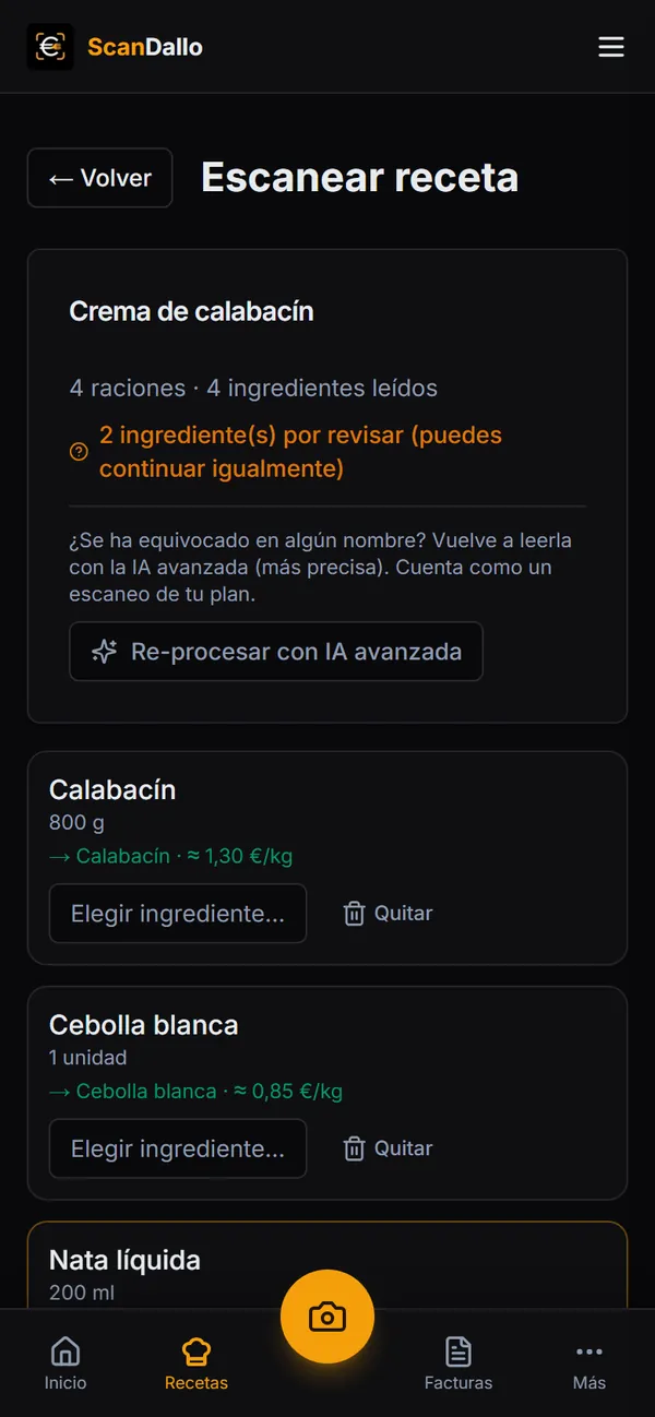 Resultado de escanear una receta: ingredientes leídos y emparejados con productos.