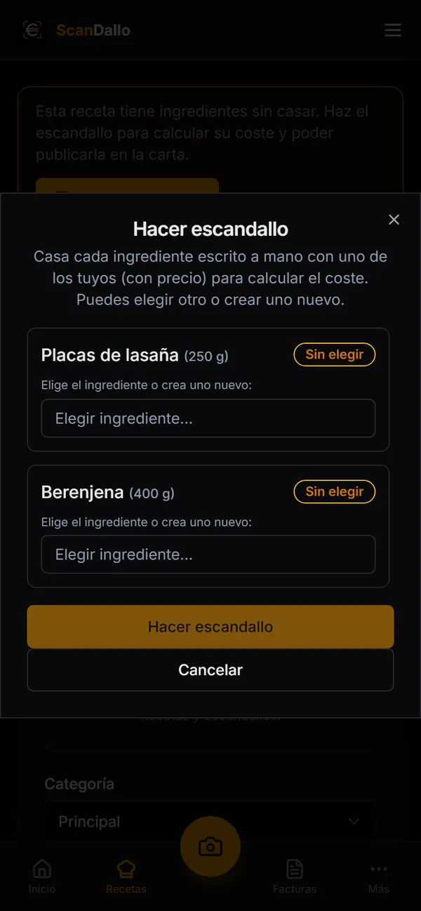 Ventana Hacer escandallo para enlazar los ingredientes escritos a mano con tus productos.