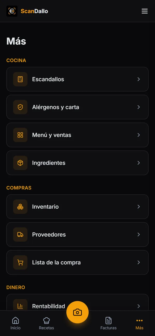 Pantalla Más con las secciones agrupadas en Cocina, Compras, Dinero y Cuenta.