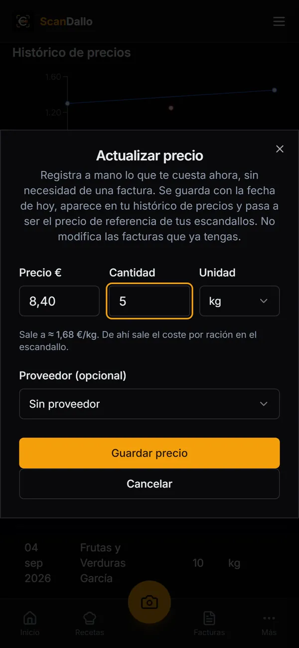 Diálogo Actualizar precio con precio, cantidad y unidad, y la vista previa del precio por kilo.