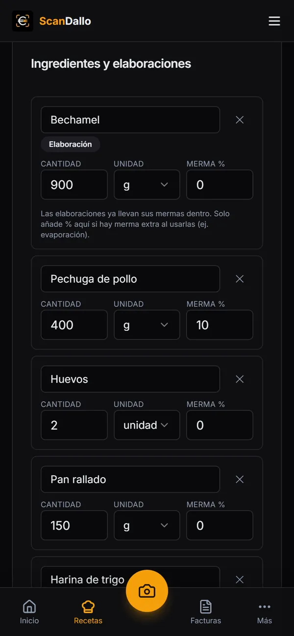 Editor de receta con ingredientes, cantidades, unidades y merma.