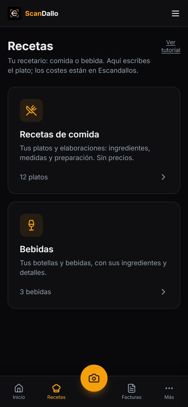 Pantalla Recetas con las tarjetas Recetas de comida y Bebidas.