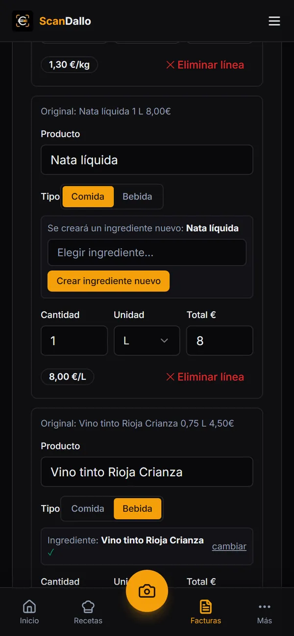 Líneas de la factura: una que creará un ingrediente nuevo y otra reconocida como bebida.