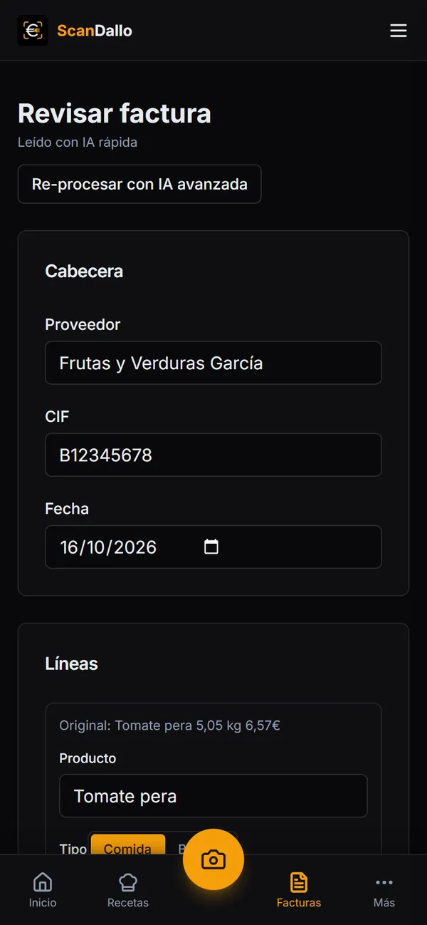 Pantalla Revisar factura con proveedor, CIF y fecha leídos.