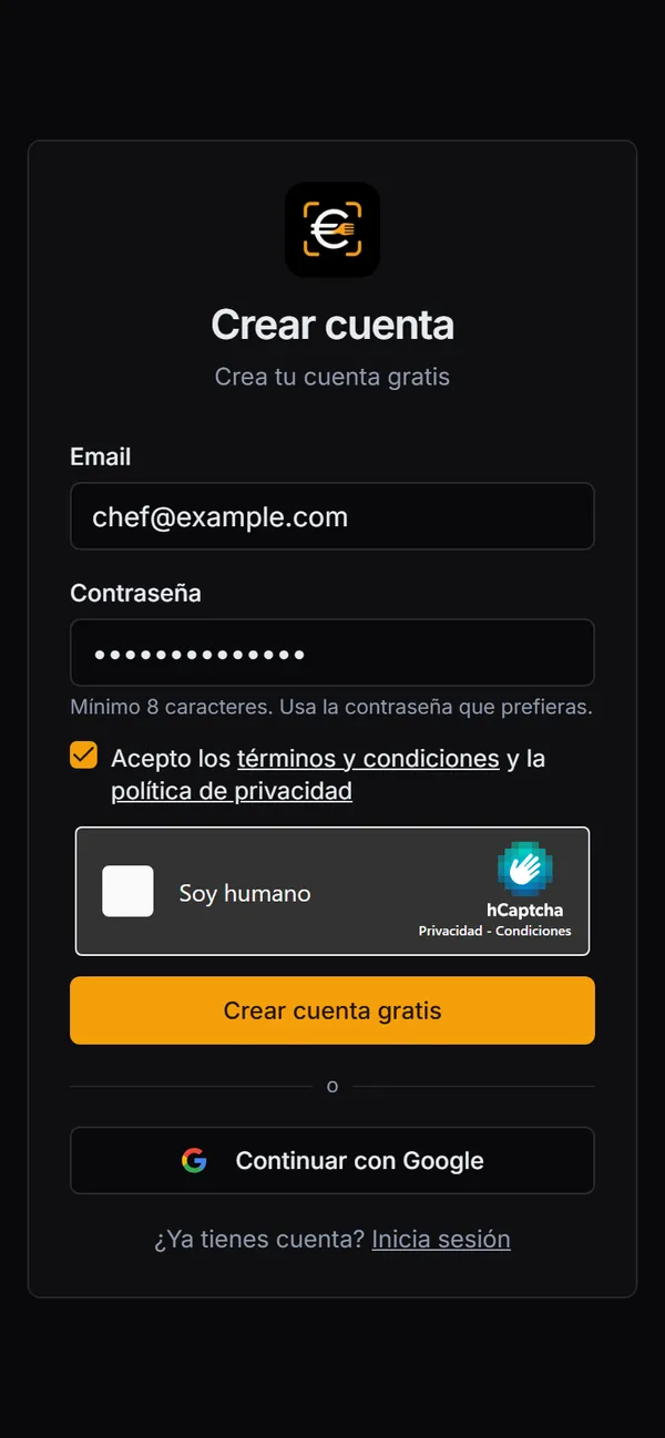 Formulario Crear cuenta con email, contraseña y casilla de términos.