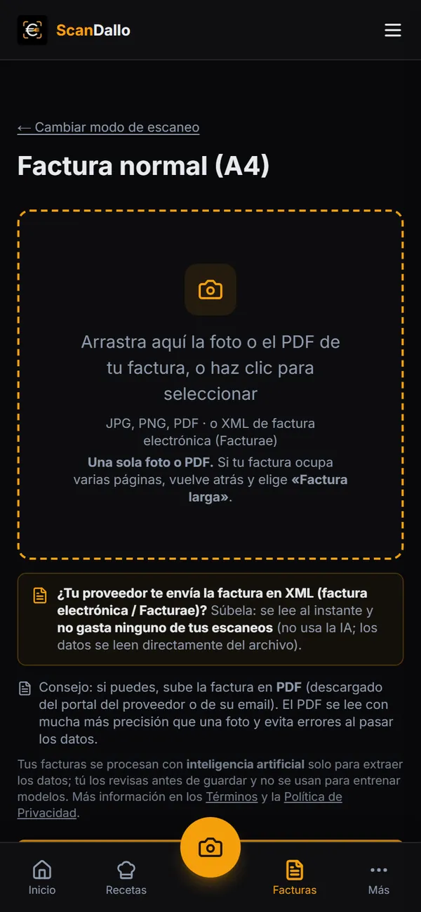 Pantalla para hacer la foto o subir el archivo de la factura.