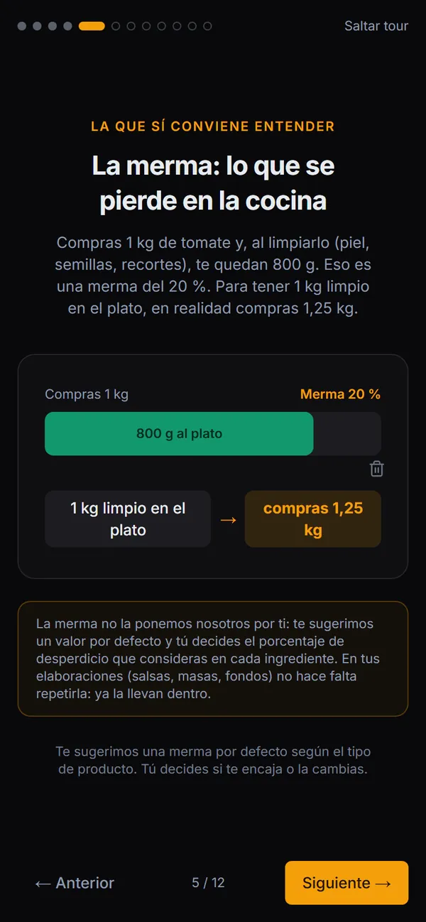 Pantalla del tutorial de bienvenida que explica la merma con un ejemplo de tomate.